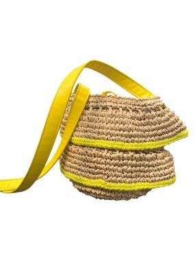 BTB Los Angeles Raffia Woven Crossbody Bag Yellow Leather Trim NWOT